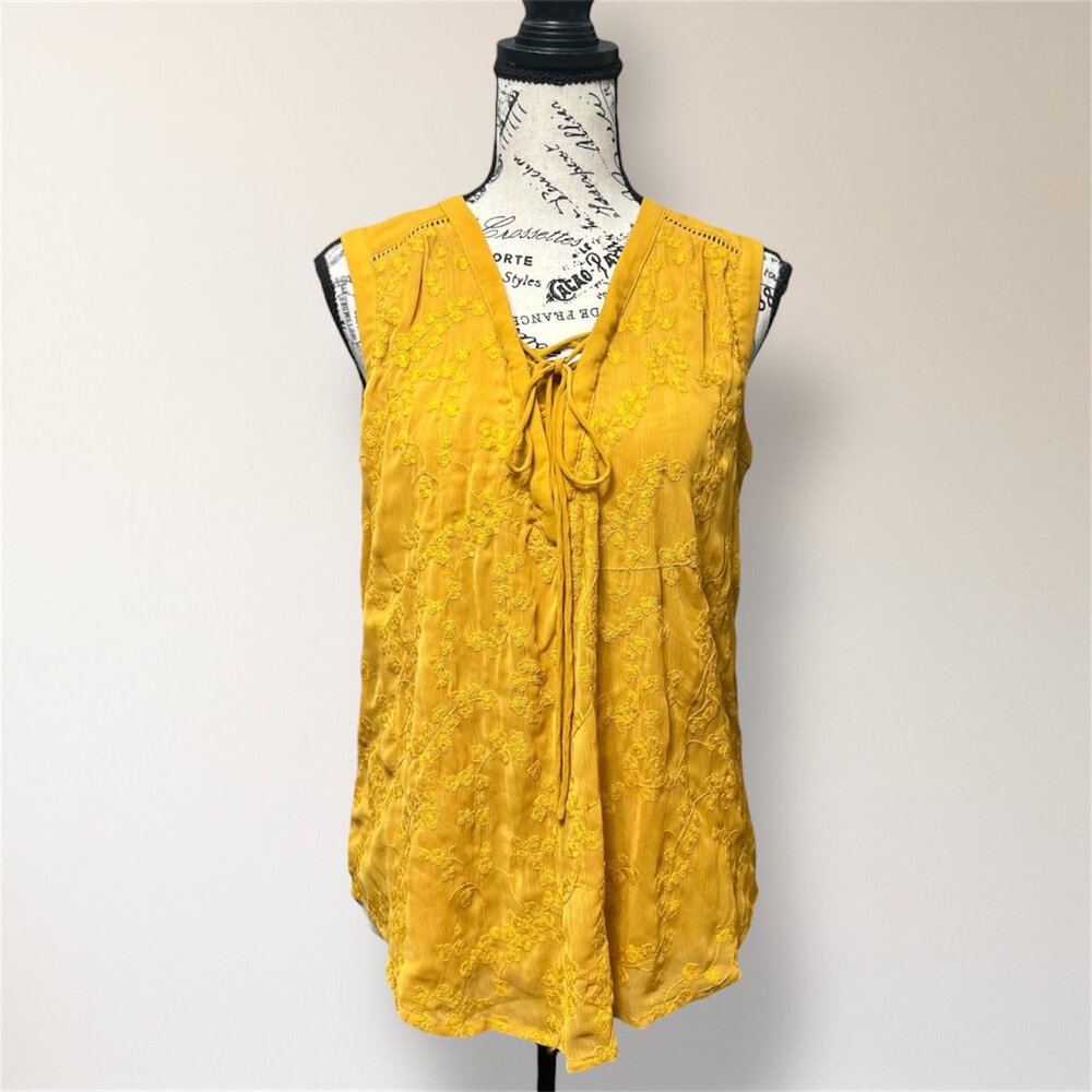 Maeve 4‎ Mustard Yellow Embroidered Lace Up Sleeveless Boho Peasant Festival Top